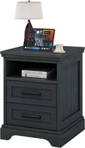 Nightstand with Charging Station, Wood Farmhouse Bedside Table with 2 Drawers and Open Shelf, Wood End Table, Modern Side Table for Bedroom, Black