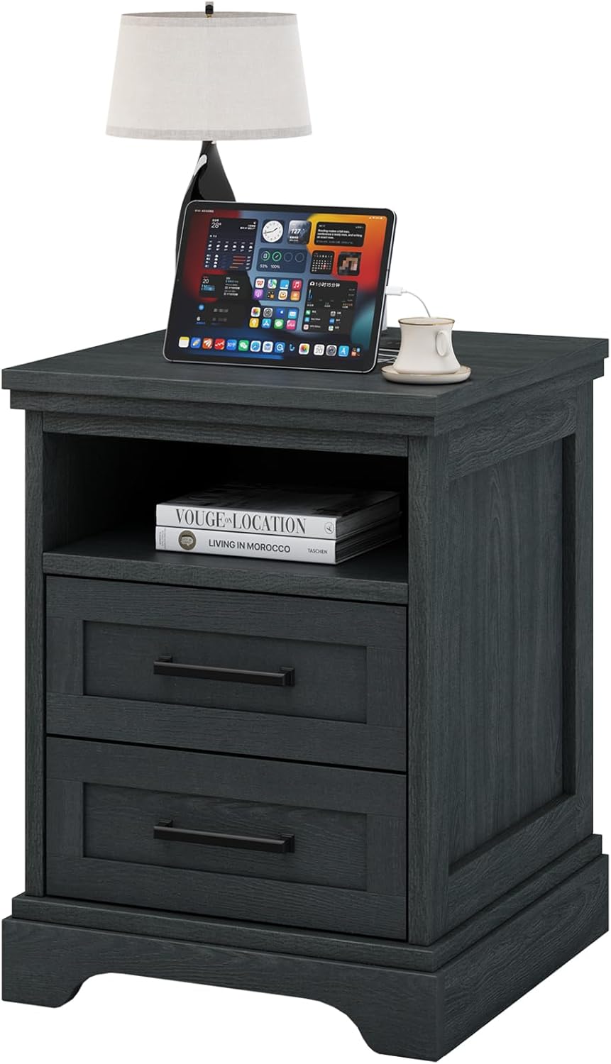 Nightstand with Charging Station, Wood Farmhouse Bedside Table with 2 Drawers and Open Shelf, Wood End Table, Modern Side Table for Bedroom, Black