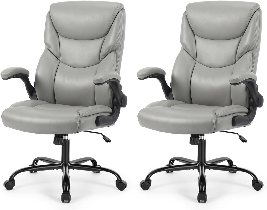 Office Computer Gaming Chair, Ergonomic High Back Heavy Duty Task Desk Chairs with Wheels, Flip-up Arms, Adjustable Height, PU Leather, Grey