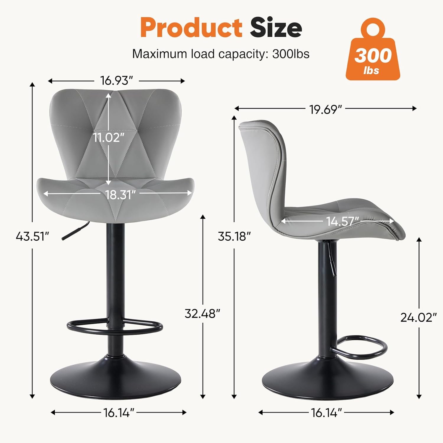 Modern Bar Stools Set of 4, Adjustable Faux Leather Upholstered Swivel Bar Stools, Counter Height Bar Chairs with Back for Kitchen Island, Grey