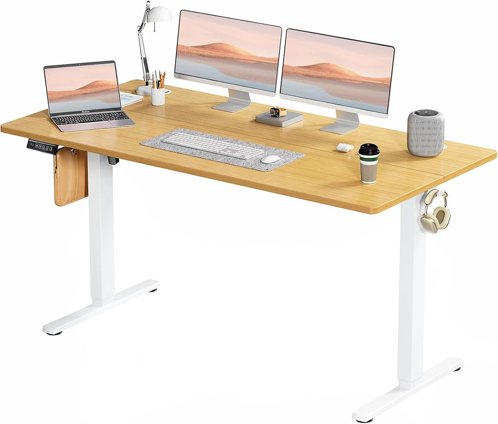 Electric Standing Desk Adjustable Height, 63x24 Inch Sit Stand Up Home Office Desks Memory Computer Workstation PC Work Table with Preset Splice Wood Board Metal Frame, Oak