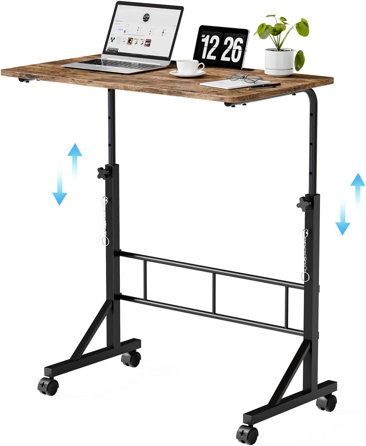 31.5 Adjustable Height Mobile Desk with Locking Wheels & Pin-Lock, Portable Workstation for Walking Pad & Active Home Office, Rustic Brown