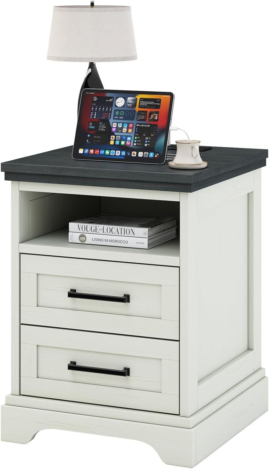 Nightstand with Charging Station, Wood Farmhouse Bedside Table with 2 Drawers and Open Shelf, Wood End Table, Modern Side Table for Bedroom, Black