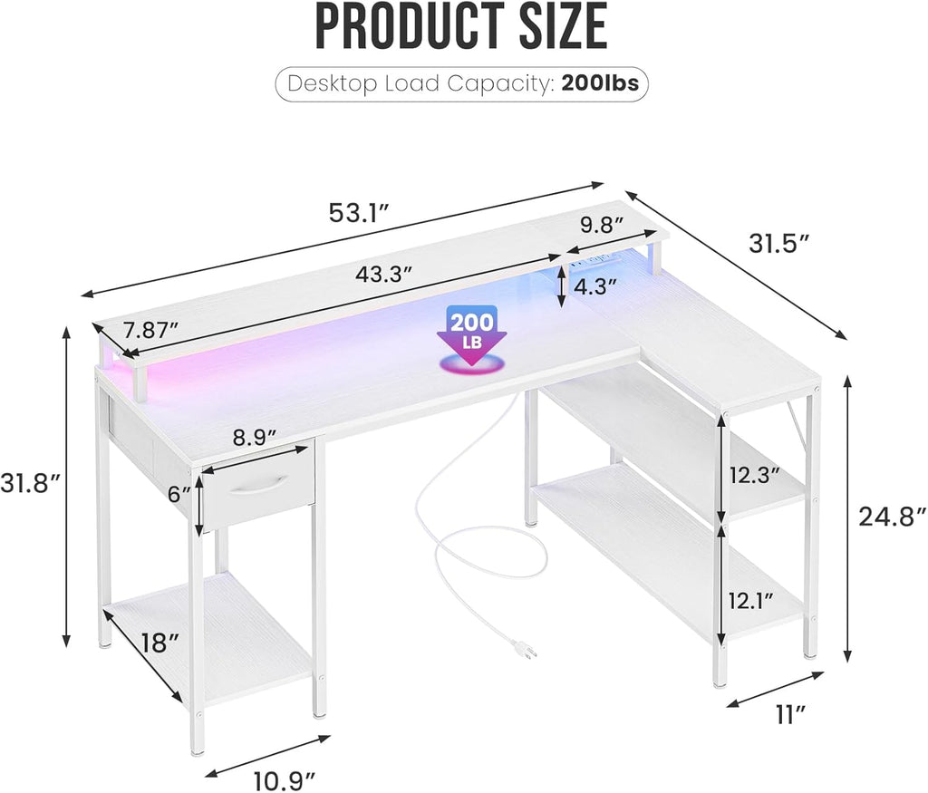 53?? Gaming Desk with USB Charging Ports & LED Lights, Reversible L Shaped Desks Computer Corner Gamer Table with Power Outlets Monitor Stand Storage Shelves for Home Office Small Space, White