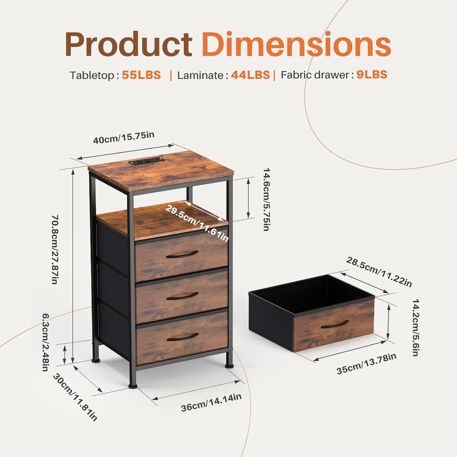 Nightstands Set of 2 with Charging Station, Bedside Table with USB Ports & Type-C, 2 Fabric Drawers Night Stand with Open Shelf, Compact End Table for Bedroom, Rustic Brown