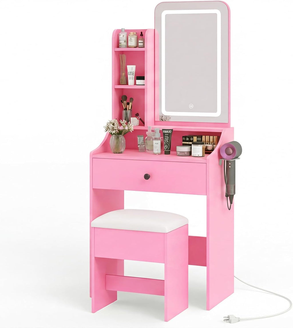 Makeup Vanity Desk, Vanity Table Set with Mirror and Lights, Small Vanity with Storage Bench, Charging Station and Hair Dryer Holder, Dressing Table with Drawer and Three Shelves, White