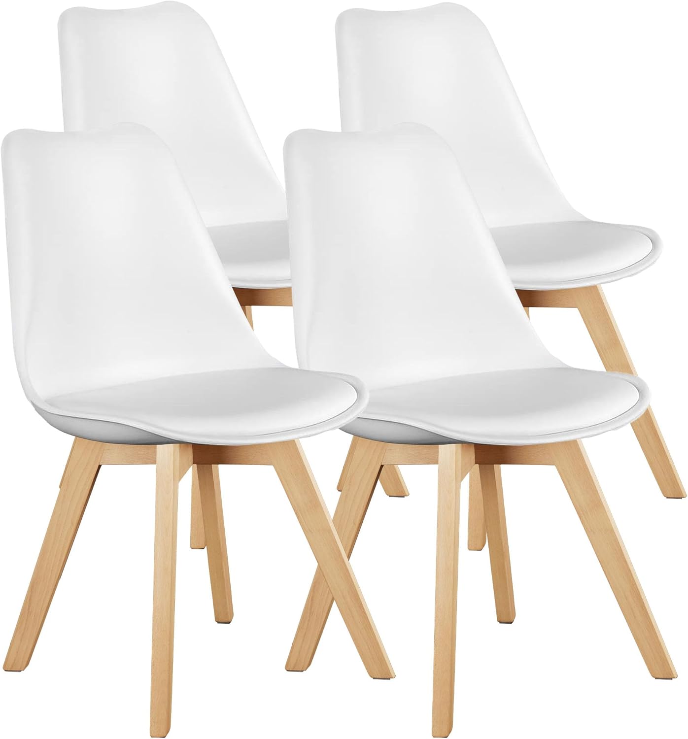 Modern Dining Chairs Set of 4, PU Leather Upholstered Kitchen Chairs with Wood Legs, Mid Century Accent Chairs for Living Room, Bedroom, Outdoor Lounge, White