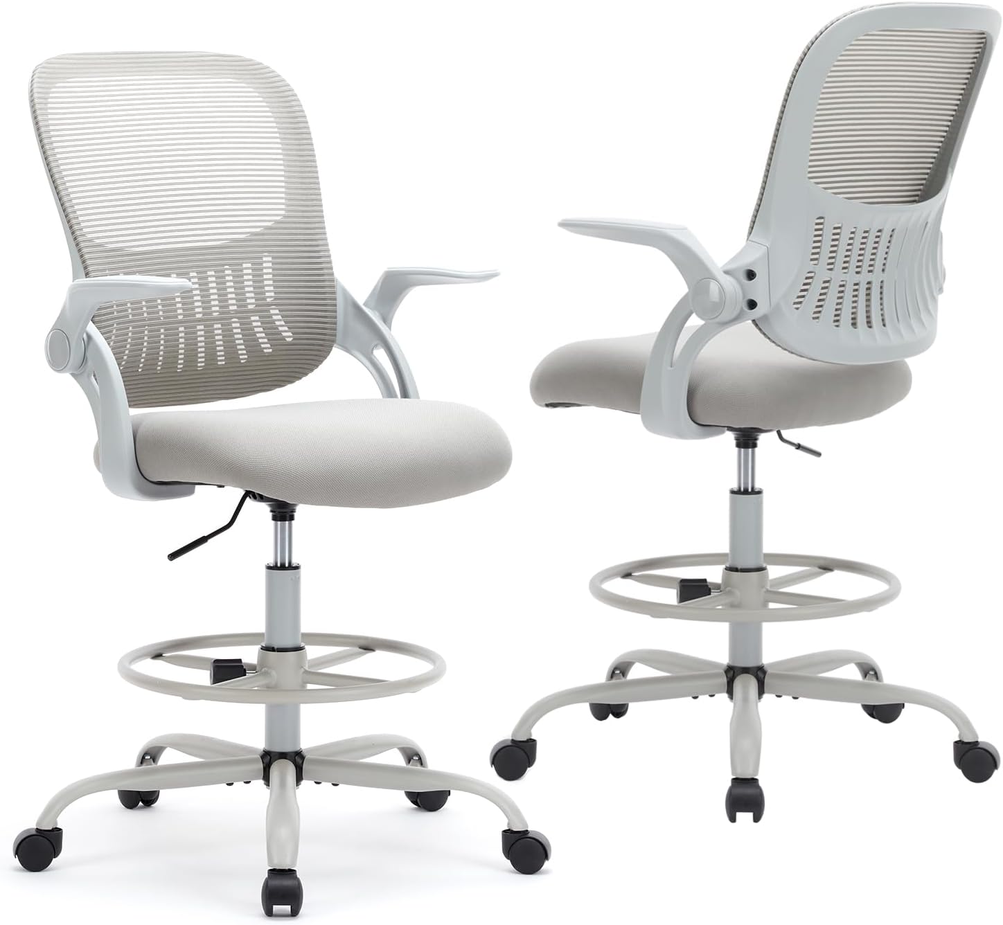 Drafting Chair for Standing Desk, Counter Height Adjustable, Flip-up Arms, Ergonomic Mid Back Mesh Rolling Work Swivel Office Computer Chairs with Wheels, Grey