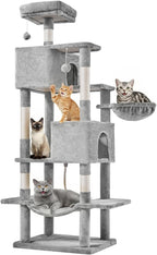 54-inch Indoor Cat Tree Tower ?CMulti-Level Pet House for Large Cats with 2 Condos, Scratching Posts, Round Platform, Small Ladder, and Toys ?C Perfect for Cats of All Ages, Dark Grey