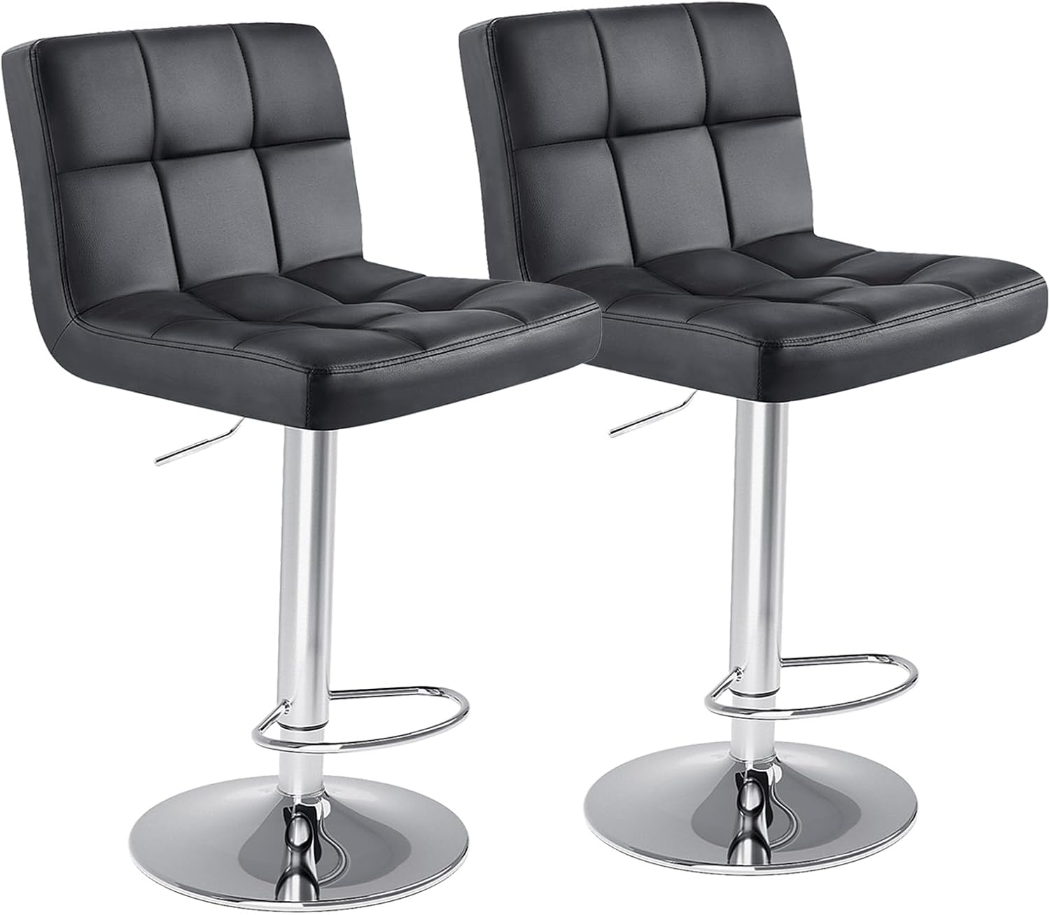 Bar Stools Set of 2, Armless PU Leather Adjustable Swivel Barstools, Hydraulic Kitchen Counter Height Thickened Seat Cushion Square Island Countertop Chairs with Back, Black