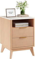 Night Stand with Charging Station, 18 Bedside Table with 2 Drawers, Modern Fluted Wood End Table with 2 AC Outlet 1 USB 1 Type-C, Mid Century Nightstand for Bedroom