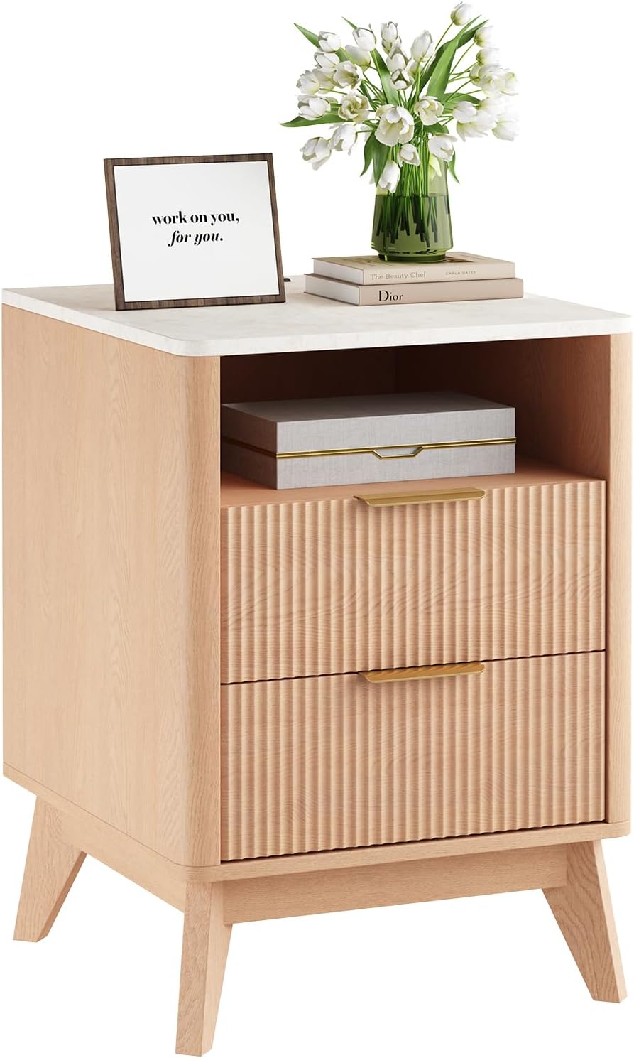 Night Stand with Charging Station, 18 Bedside Table with 2 Drawers, Modern Fluted Wood End Table with 2 AC Outlet 1 USB 1 Type-C, Mid Century Nightstand for Bedroom