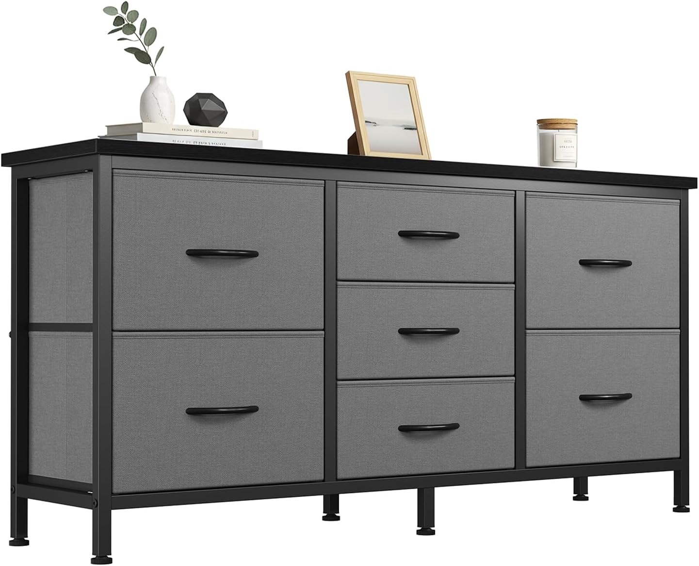 TV Stand 7 Drawer Dresser for Bedroom with Storage TV Stands for Living Room Black, Farmhouse Entertainment Center Media Console Table with Metal Frame Adjustable Feet