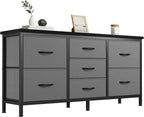 TV Stand 7 Drawer Dresser for Bedroom with Storage TV Stands for Living Room Grey, Farmhouse Entertainment Center Media Console Table with Metal Frame Adjustable Feet