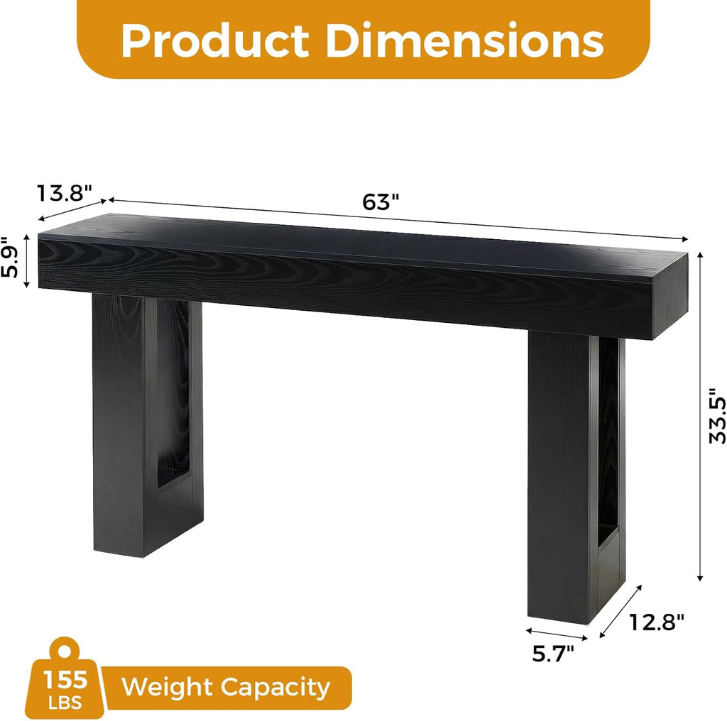 63-Inch Narrow Console Table, Sturdy Wooden Entryway Table with 5.9 Thick Top, Heavy Duty 155lbs Capacity, Space-Saving Sofa Table for Living Room, Hallway, Entrance, Foyer, Black
