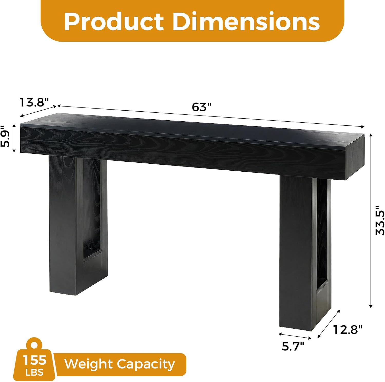 63-Inch Narrow Console Table, Sturdy Wooden Entryway Table with 5.9 Thick Top, Heavy Duty 155lbs Capacity, Space-Saving Sofa Table for Living Room, Hallway, Entrance, Foyer, Black