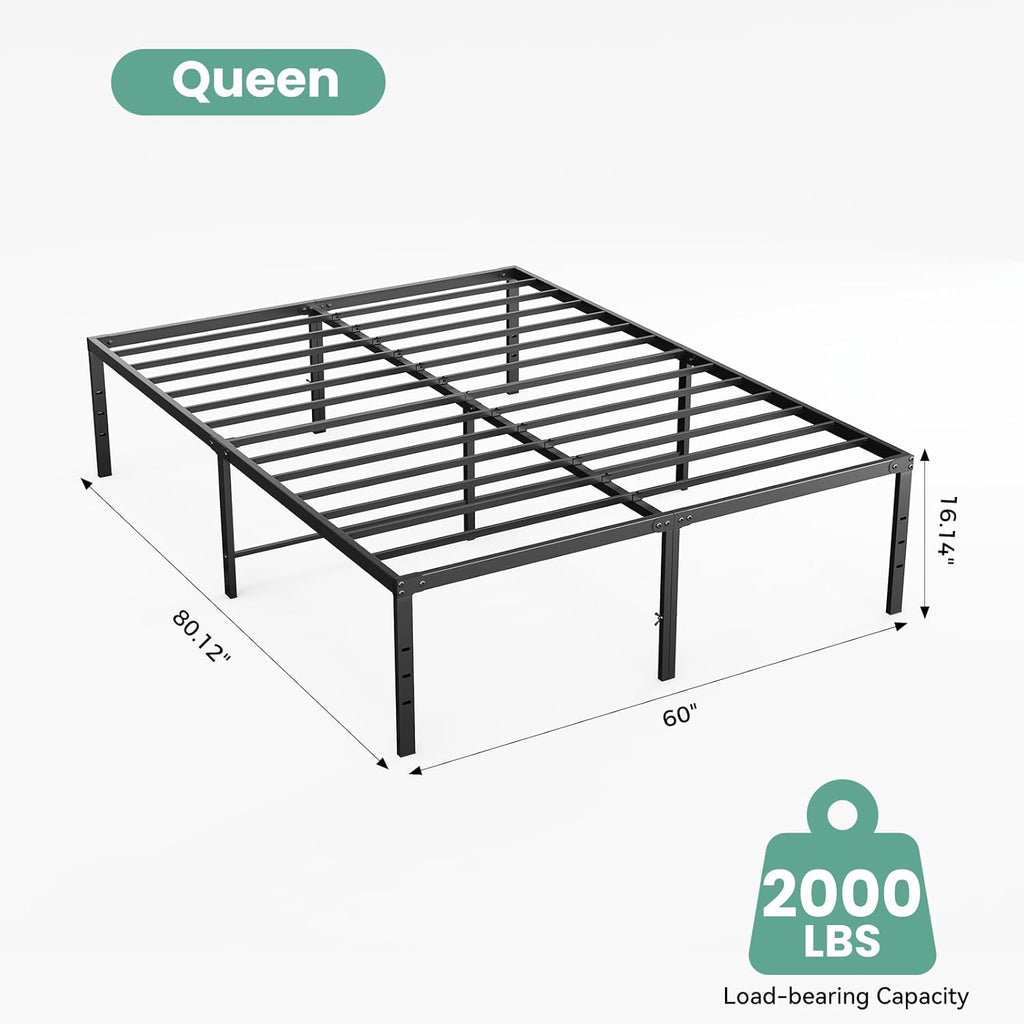 Queen Size 16 Inch Platform Bed Frame, Heavy Duty Metal Foundation Frame, Noise-Free Sturdy Steel Slats, Underbed Storage, No Box Spring Needed, Quick Setup