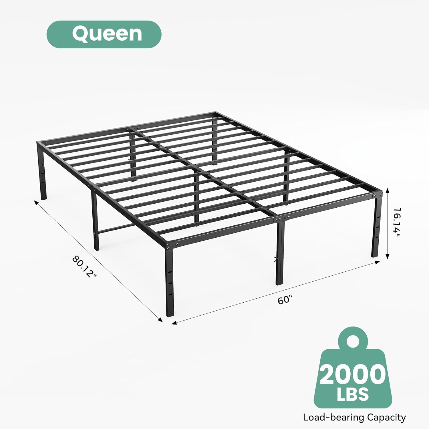 Queen Size 16 Inch Platform Bed Frame, Heavy Duty Metal Foundation Frame, Noise-Free Sturdy Steel Slats, Underbed Storage, No Box Spring Needed, Quick Setup