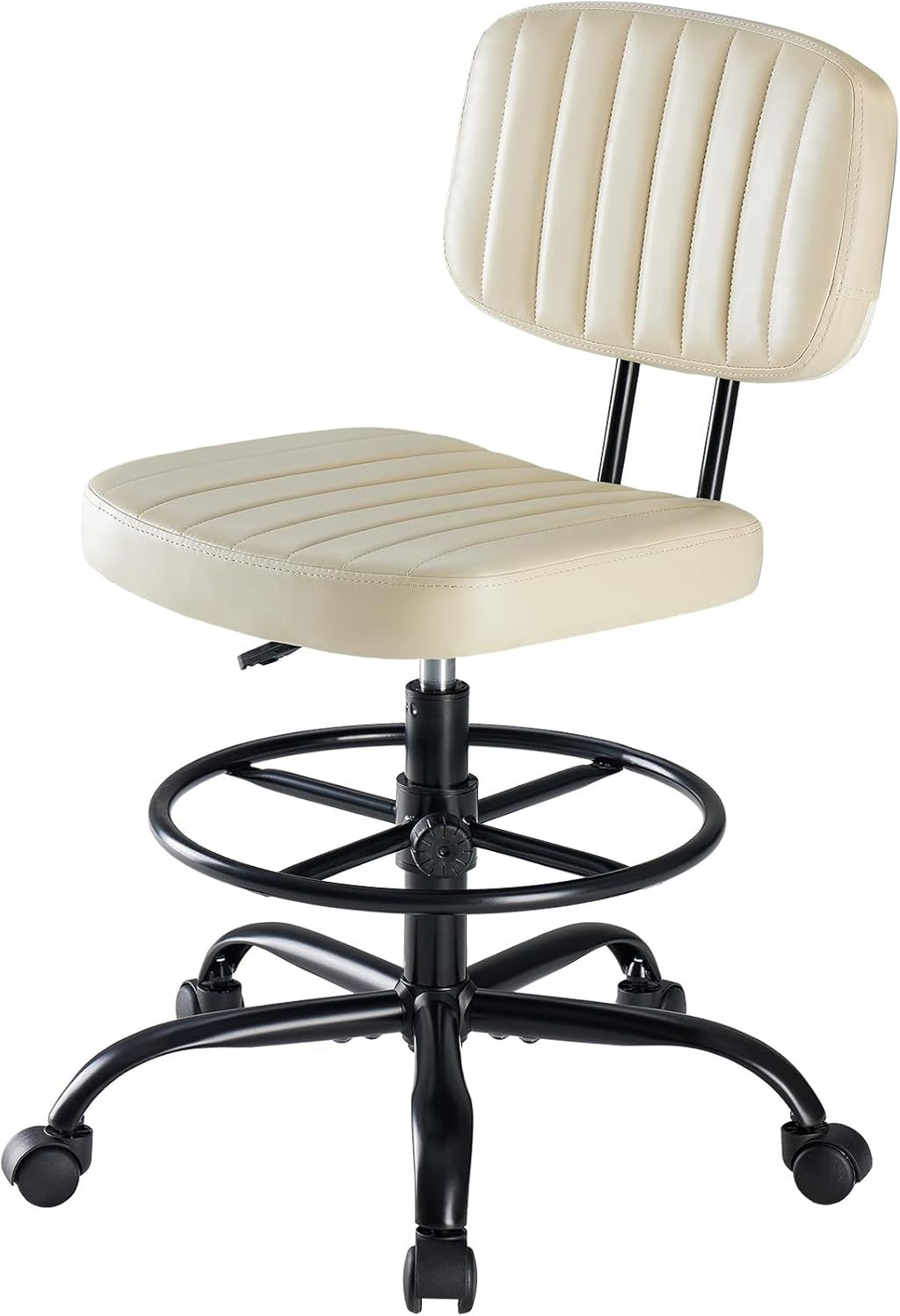 Armless Drafting Chair, Low Back Office Seat with Adjustable Footrest Ring for Standing Desk, Ergonomic PU Leather Office Seating, Swivel Rolling High Stool for Studio, Lab, Counter, Black