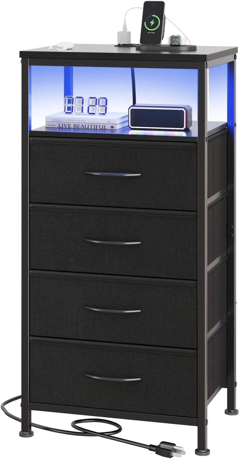 Nightstand Set of 2 with Wireless Charging Station Bed Side Tables with Adjustable Fabric Drawers 3-Tier Storage End Tables Modern Design,Black