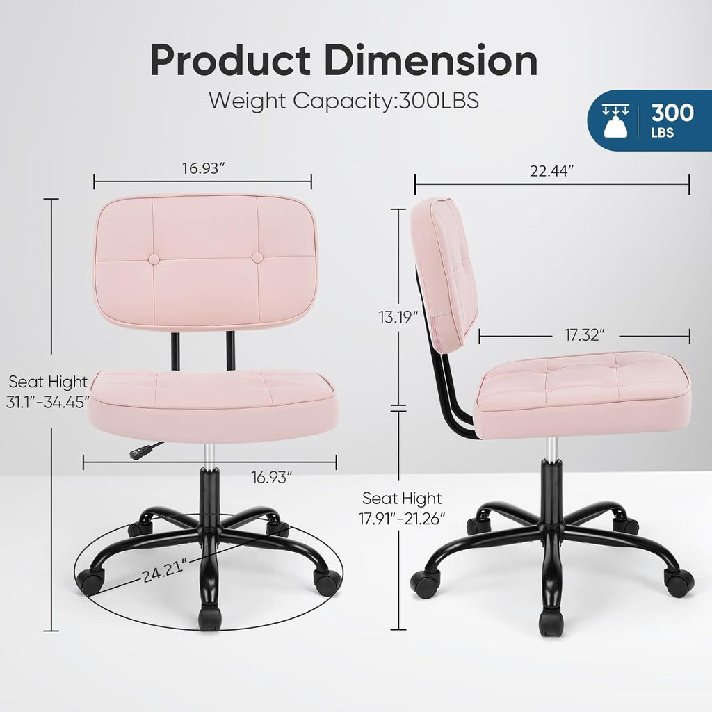 Home Office Desk Chair - Ergonomic Armless PU Leather Computer Rolling Task Chair??with Comfy Lumbar Support and Height Adjustable, Vanity, Bedroom, Pink