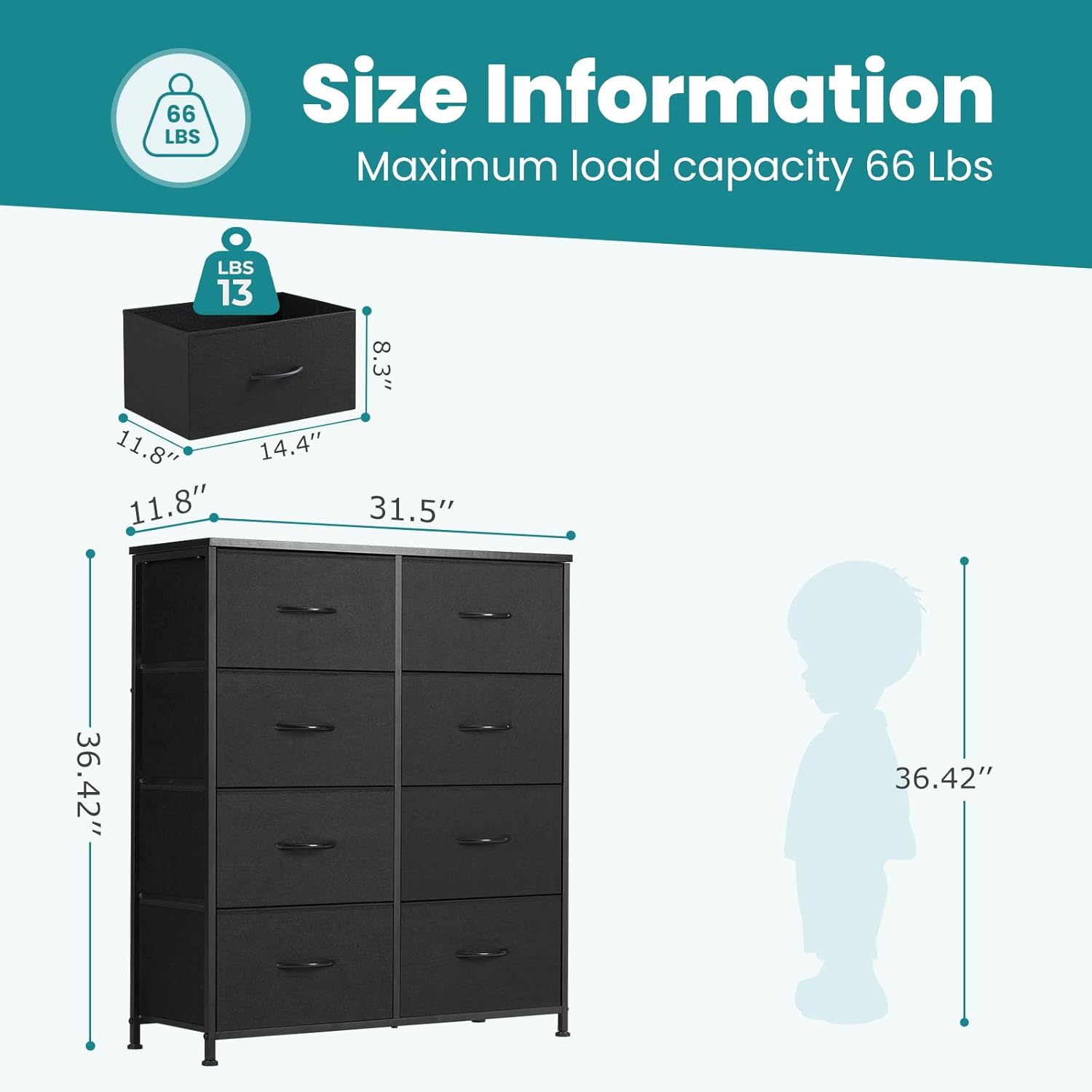 8 Drawer Dresser for Bedroom, Fabric Storage Organizer with Sturdy Metal Frame, Wooden Top Chest of Drawers for Closet Entryway Guest Room,Matte Black