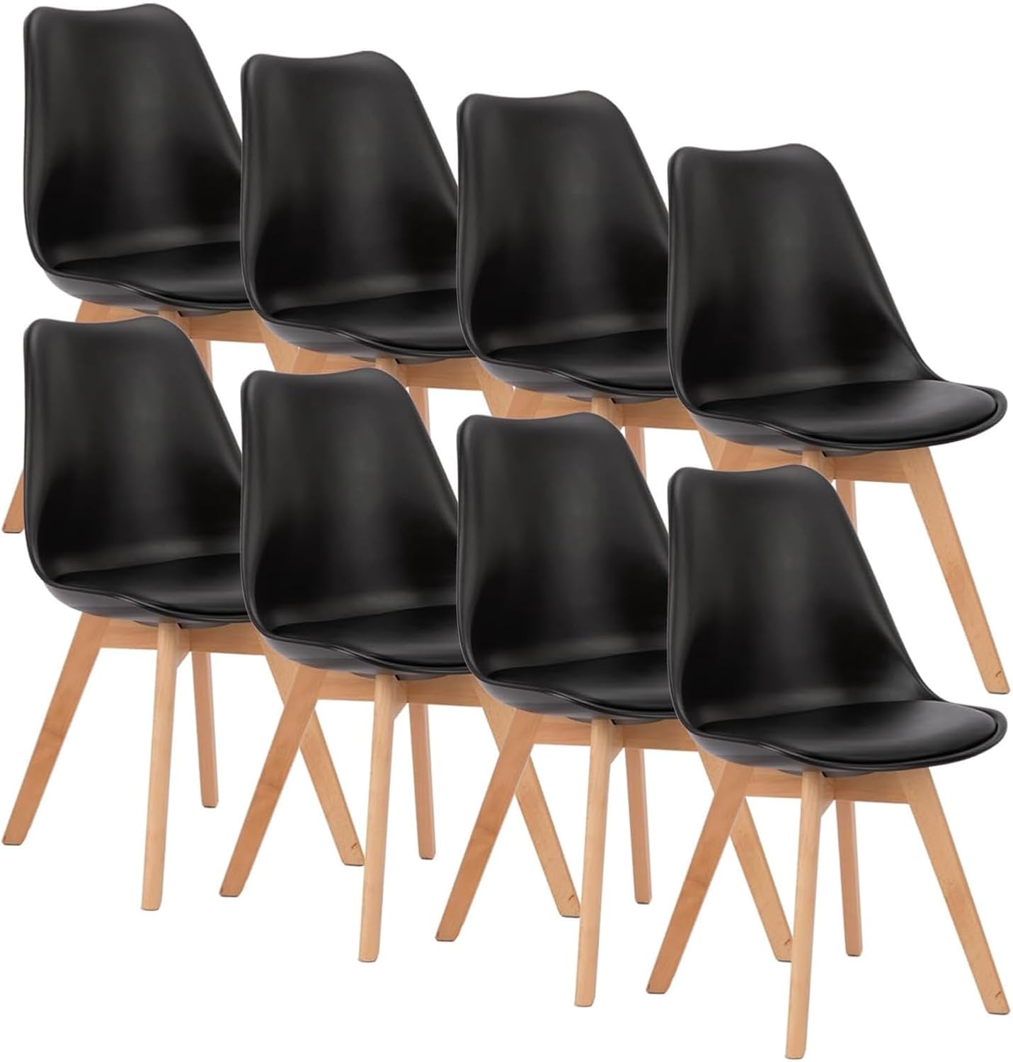 Modern Dining Chairs Set of 4, PU Leather Upholstered Kitchen Chairs with Wood Legs, Mid Century Accent Chairs for Living Room, Bedroom, Outdoor Lounge, Black