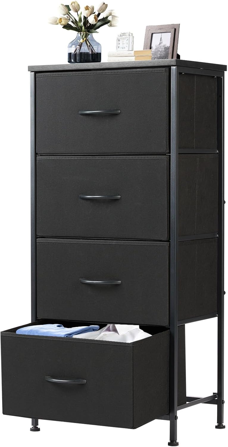 Nightstand with 4 Drawers Bedside Table with Removable Fabric Bins Sturdy Steel Frame Wood Top Organizer Furniture for Bedroom Closet Living Room,Oak Greige