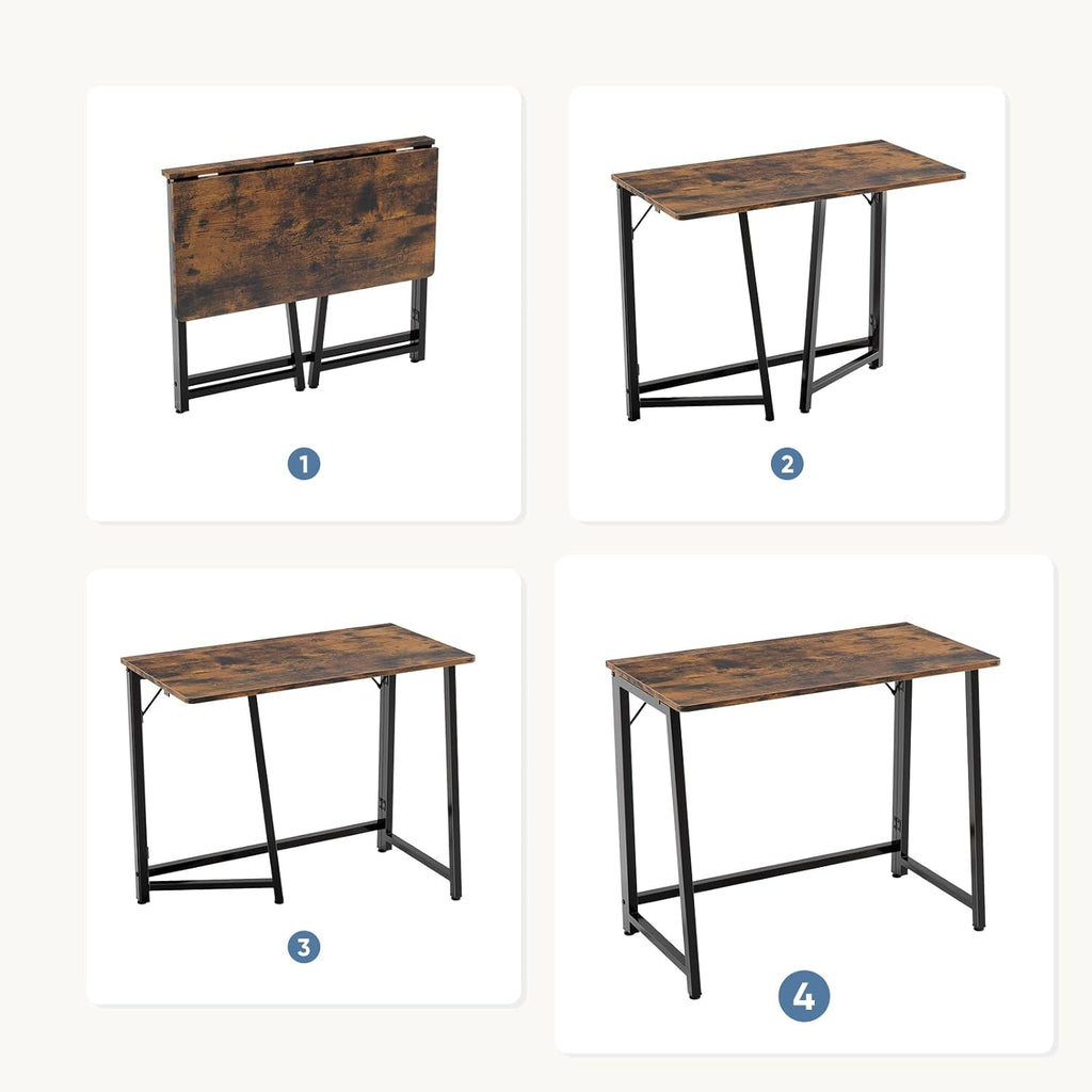 31.5 Inch Folding Desk, Foldable Computer Table for Small Spaces, Metal Frame Gaming Writing Work Station, Mini Home Office Surface, Rustic Brown