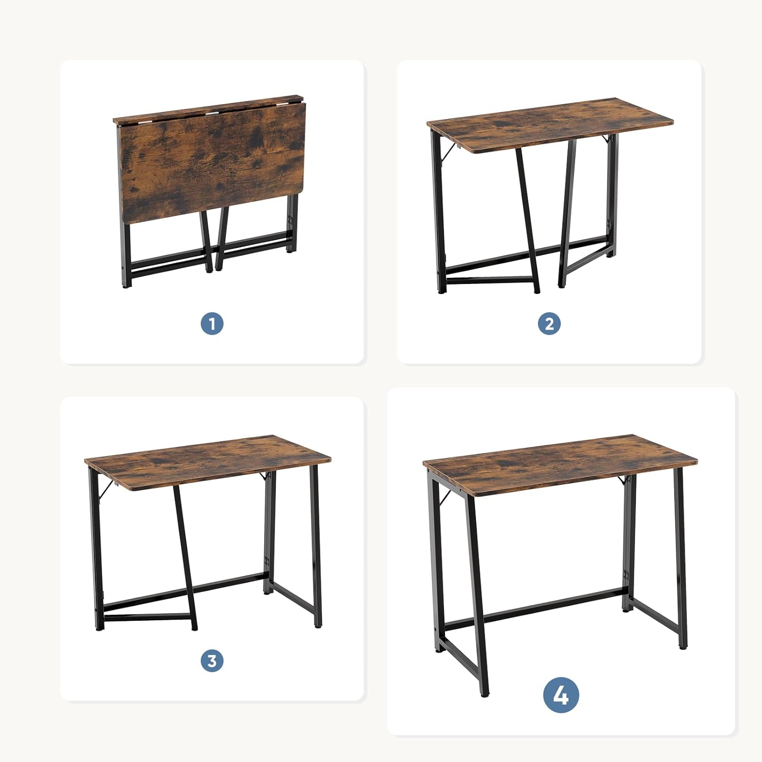 31.5 Inch Folding Desk, Foldable Computer Table for Small Spaces, Metal Frame Gaming Writing Work Station, Mini Home Office Surface, Rustic Brown