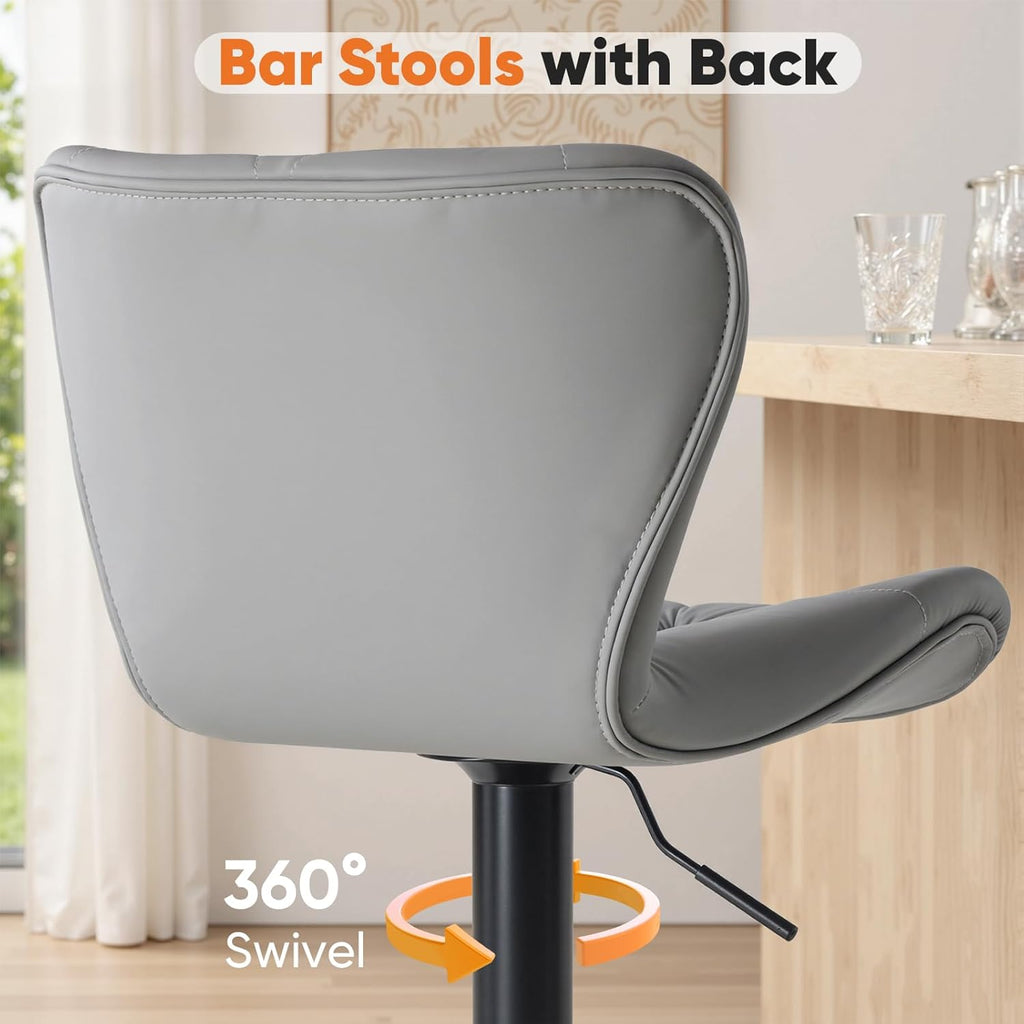 Modern Bar Stools Set of 4, Adjustable Faux Leather Upholstered Swivel Bar Stools, Counter Height Bar Chairs with Back for Kitchen Island, Grey