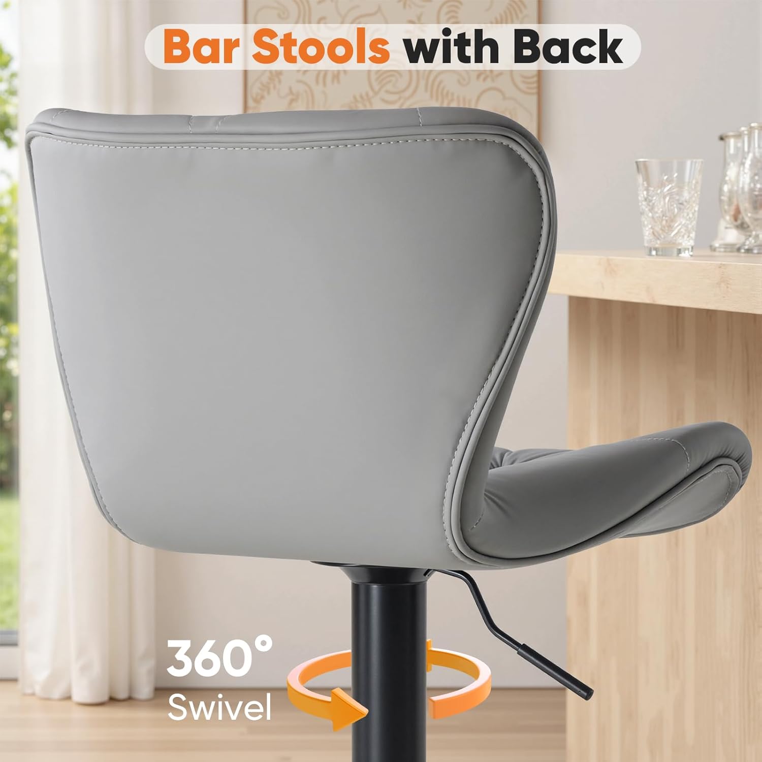 Modern Bar Stools Set of 4, Adjustable Faux Leather Upholstered Swivel Bar Stools, Counter Height Bar Chairs with Back for Kitchen Island, Grey