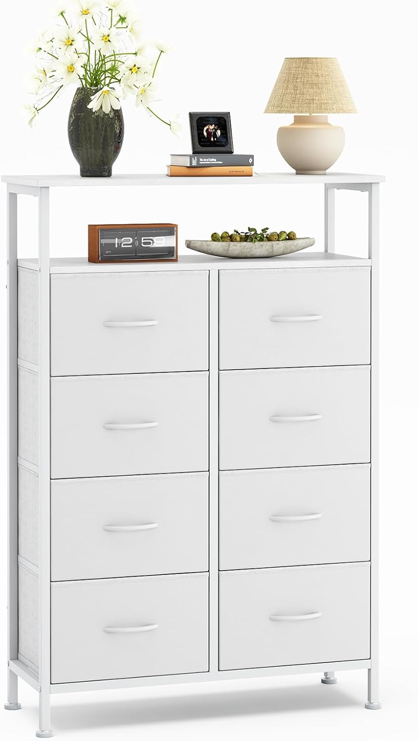 TV Stand, Dresser with 8 Fabric Drawers, Spacious Storage Tower for Closet, TV Stand with Wood Top and Mental Frame, Storage Unit for Living Rooms, Bedroom and Entryway, White