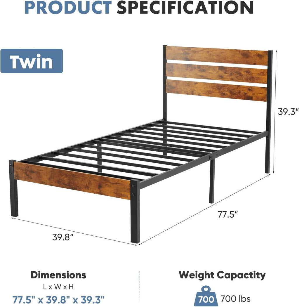 Twin Size Metal Platform Bed Frame - Mattress Foundation with Headboard and and Footboard, No Box Spring Needed with 700LBS Sturdy Wooden Slats Support, Noise Free, Easy Assembly