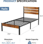 Twin Size Metal Platform Bed Frame - Mattress Foundation with Headboard and and Footboard, No Box Spring Needed with 700LBS Sturdy Wooden Slats Support, Noise Free, Easy Assembly
