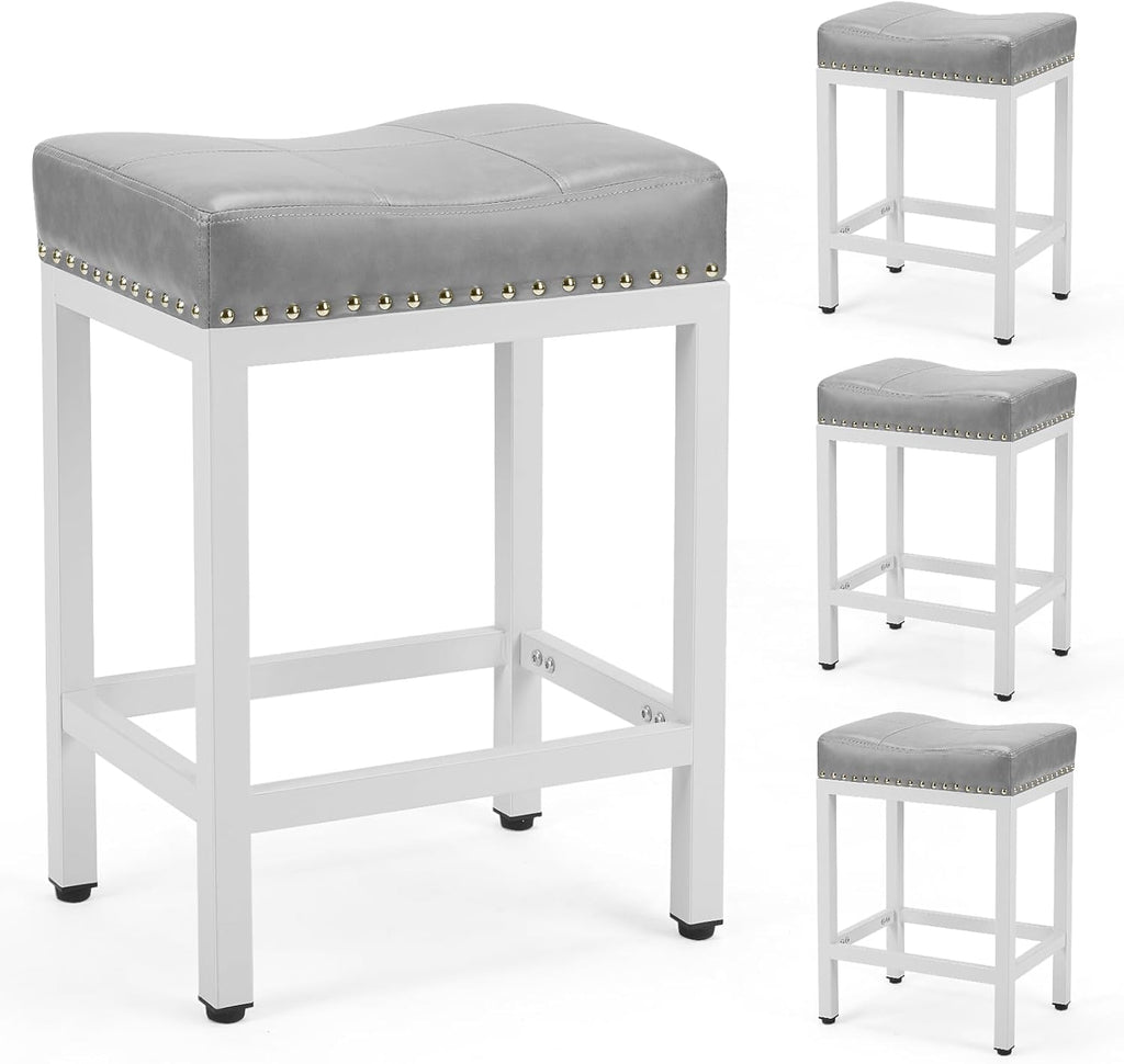 Saddle Bar Stools Set of 4, 24 Inch Counter Height Stools with Curved PU Leather Surface, 3.7 Thick Upholstery Bar Height Stools with Footrest for Kitchen Island, Dining, Cafe, Gray