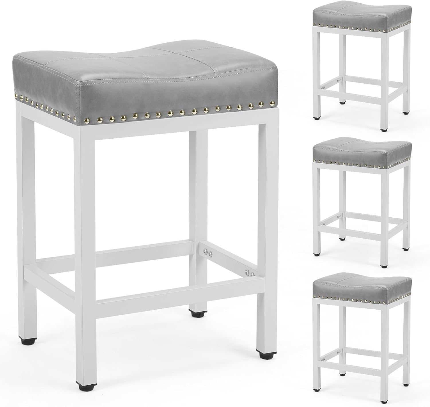 Saddle Bar Stools Set of 4, 24 Inch Counter Height Stools with Curved PU Leather Surface, 3.7 Thick Upholstery Bar Height Stools with Footrest for Kitchen Island, Dining, Cafe, Gray