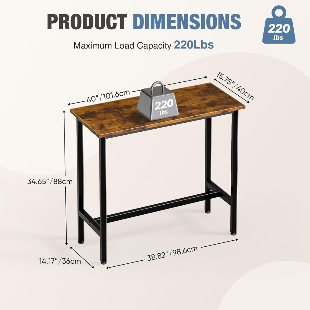 40 inch Bar Table, Counter Bar Height Pub Table, Rectangular High Top Coffee Table, Narrow Long Kitchen & Dining Counter Tables with Sturdy Metal Frame, Rustic Brown