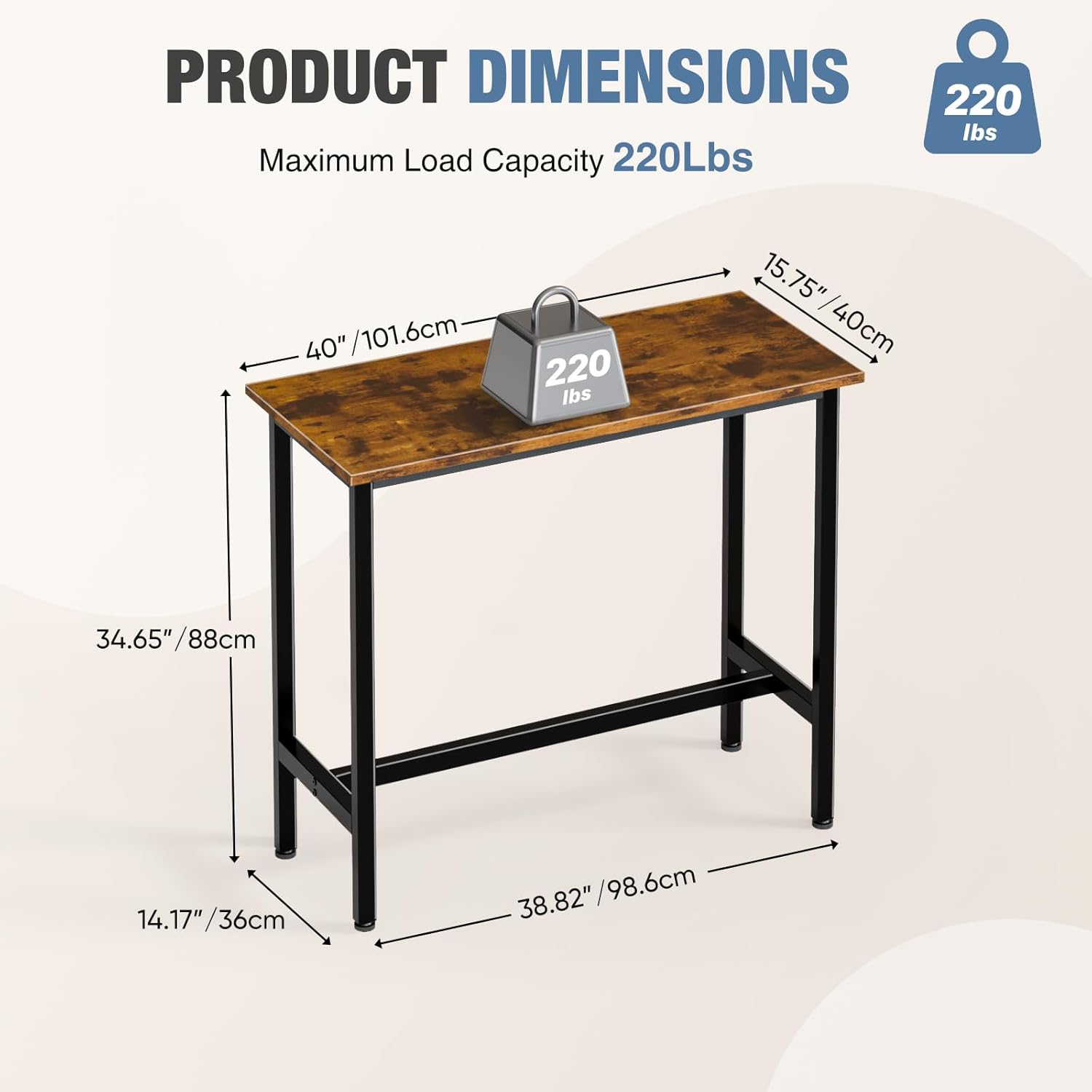 40 inch Bar Table, Counter Bar Height Pub Table, Rectangular High Top Coffee Table, Narrow Long Kitchen & Dining Counter Tables with Sturdy Metal Frame, Rustic Brown