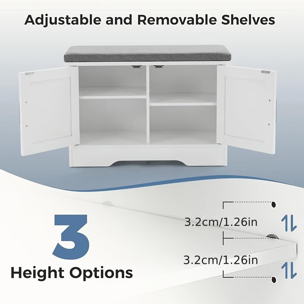 Shoe Storage Bench, 28 Wide Shoe Organizer Cabinet with Padded Seat Cushion, 2 Doors, Adjustable Shelf for Entryway, Hallway, Bedroom, Living Room (28 Inch)