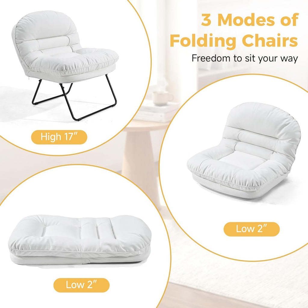 Comfy Saucer Chair,PU Leather Foldable Chairs for Bedroom, Dorm & Gaming, Fashion Floor Chair with Back Support for Small Spaces,Snow White