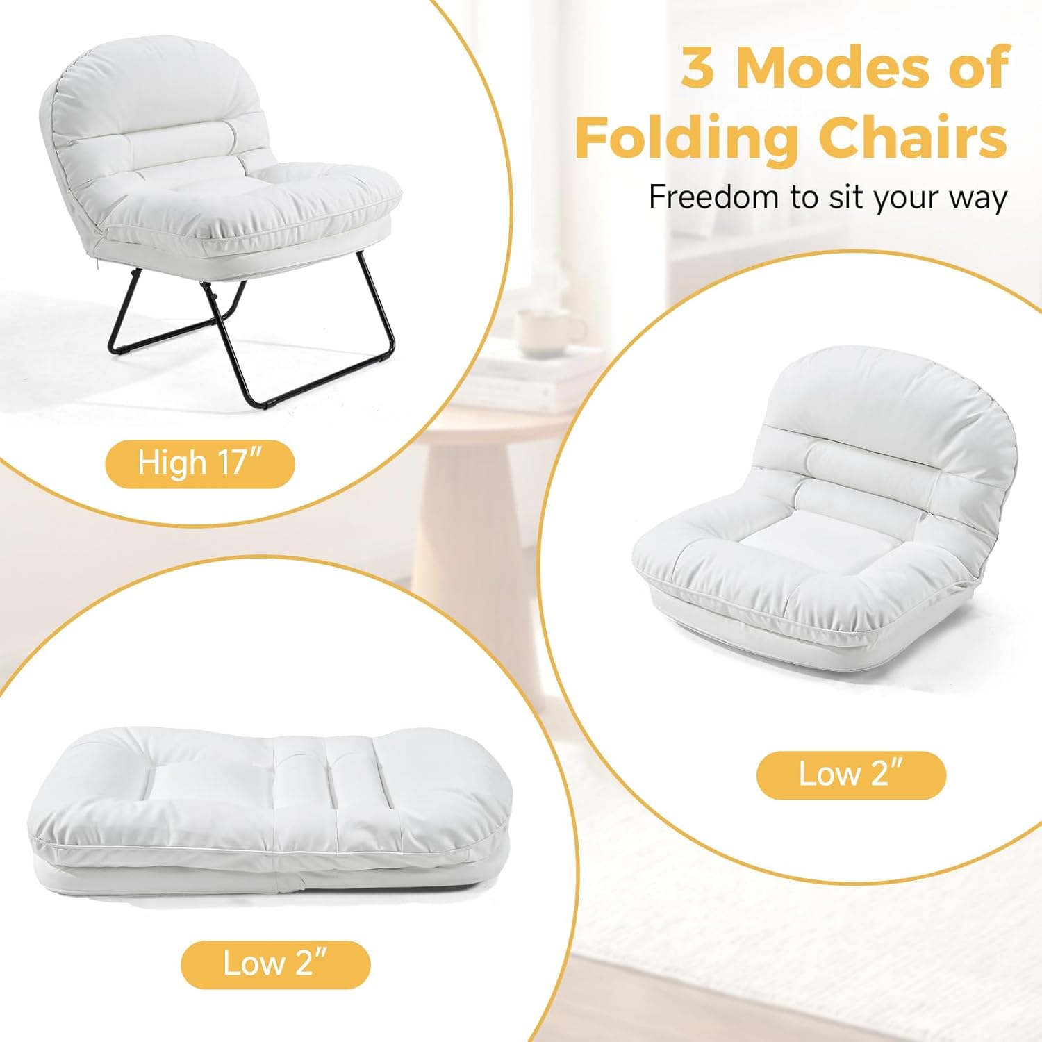Comfy Saucer Chair,PU Leather Foldable Chairs for Bedroom, Dorm & Gaming, Fashion Floor Chair with Back Support for Small Spaces,Snow White