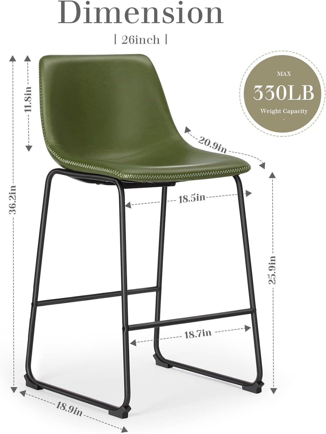 26 Inch Counter Height Bar Stools Set of 4, Modern Faux Leather High Barstools with Back and Metal Leg, Bar Chairs for Kitchen Island, Green