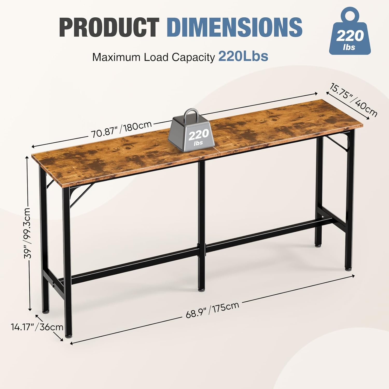 71 inch Bar Table, Counter Bar Height Pub Table, Rectangular High Top Coffee Table, Narrow Long Kitchen & Dining Tables with Triangular Reinforced Structures and Centre Column Support, Rust