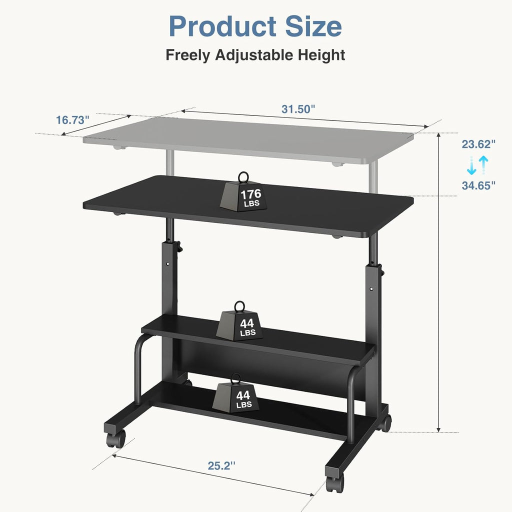 31.5 Manual Standing Desk, Height Adjustable Mobile Computer Desk with Lockable Wheels & 2-Tier Storage, Rolling Laptop Table for Small Spaces & Home Office, Black