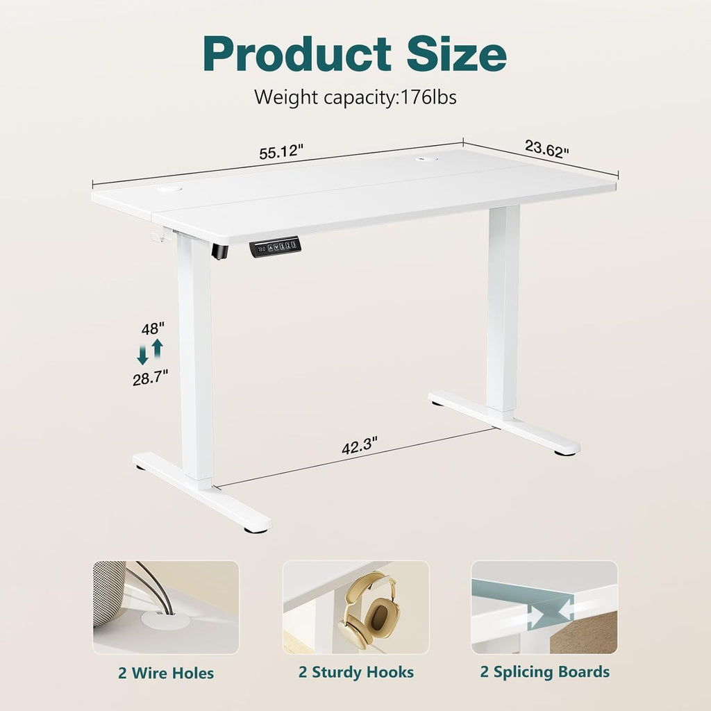 Electric Standing Desk Adjustable Height, 55x24 Inch Sit Stand Up Home Office Desks Memory Computer Workstation PC Work Table with Preset Splice Wood Board Metal Frame, White