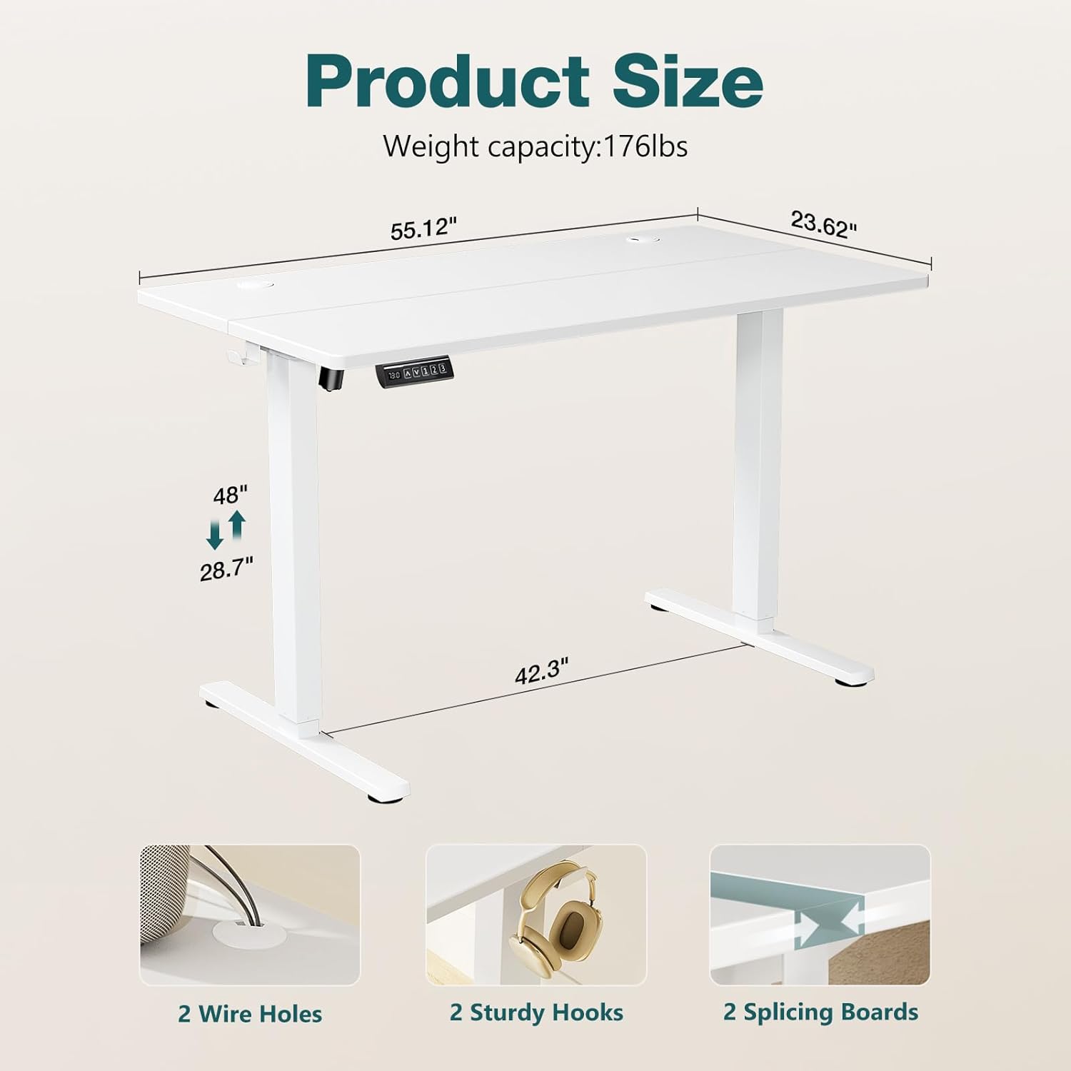 Electric Standing Desk Adjustable Height, 55x24 Inch Sit Stand Up Home Office Desks Memory Computer Workstation PC Work Table with Preset Splice Wood Board Metal Frame, White