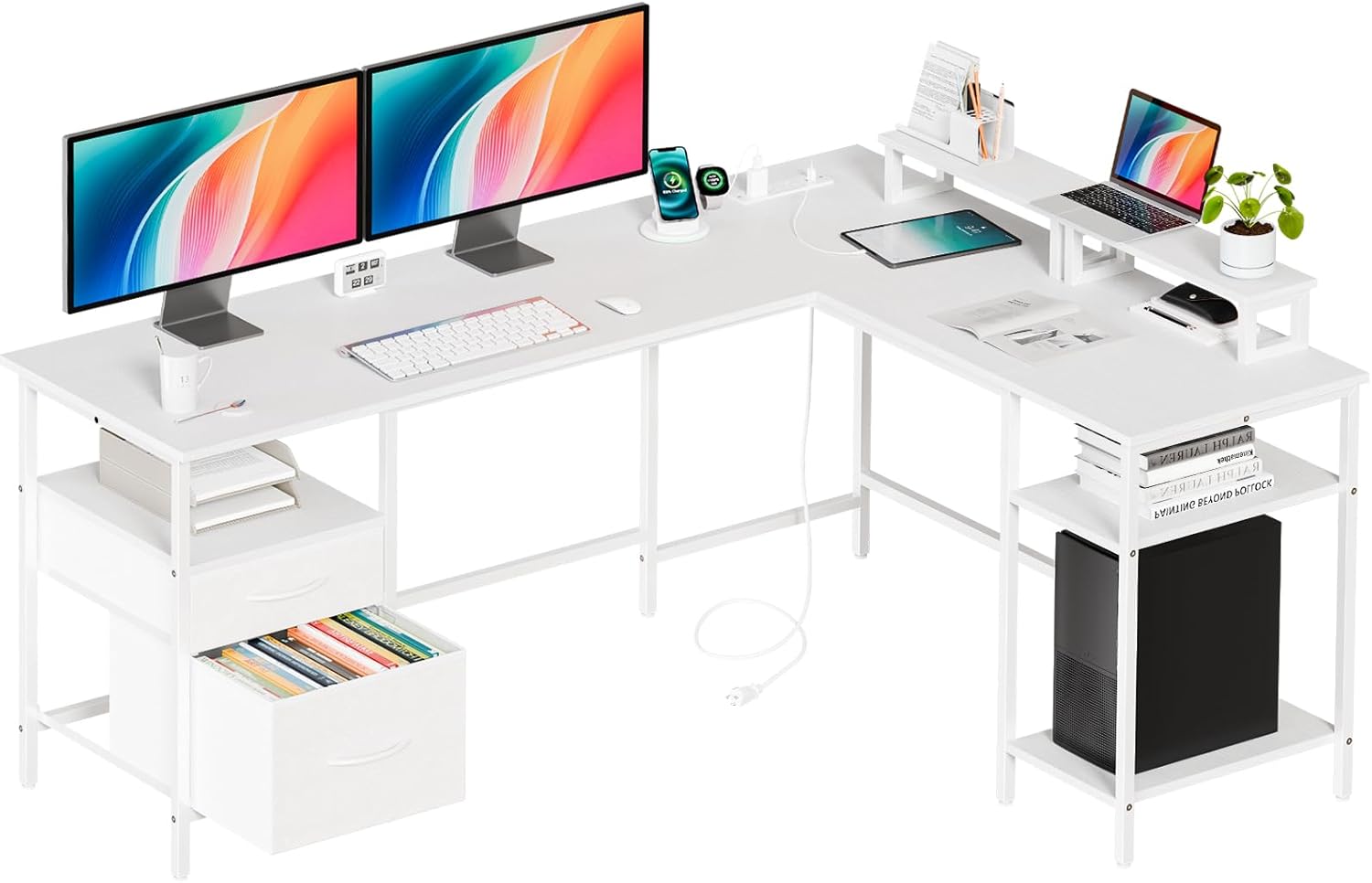 L Shaped Gaming Desk with Charging Station & 2 Monitor Stands, Computer Desk with Drawer & Adjustable Storage Shelves, Large Corner Desk for Home Office, 62 Inch Rust Wood
