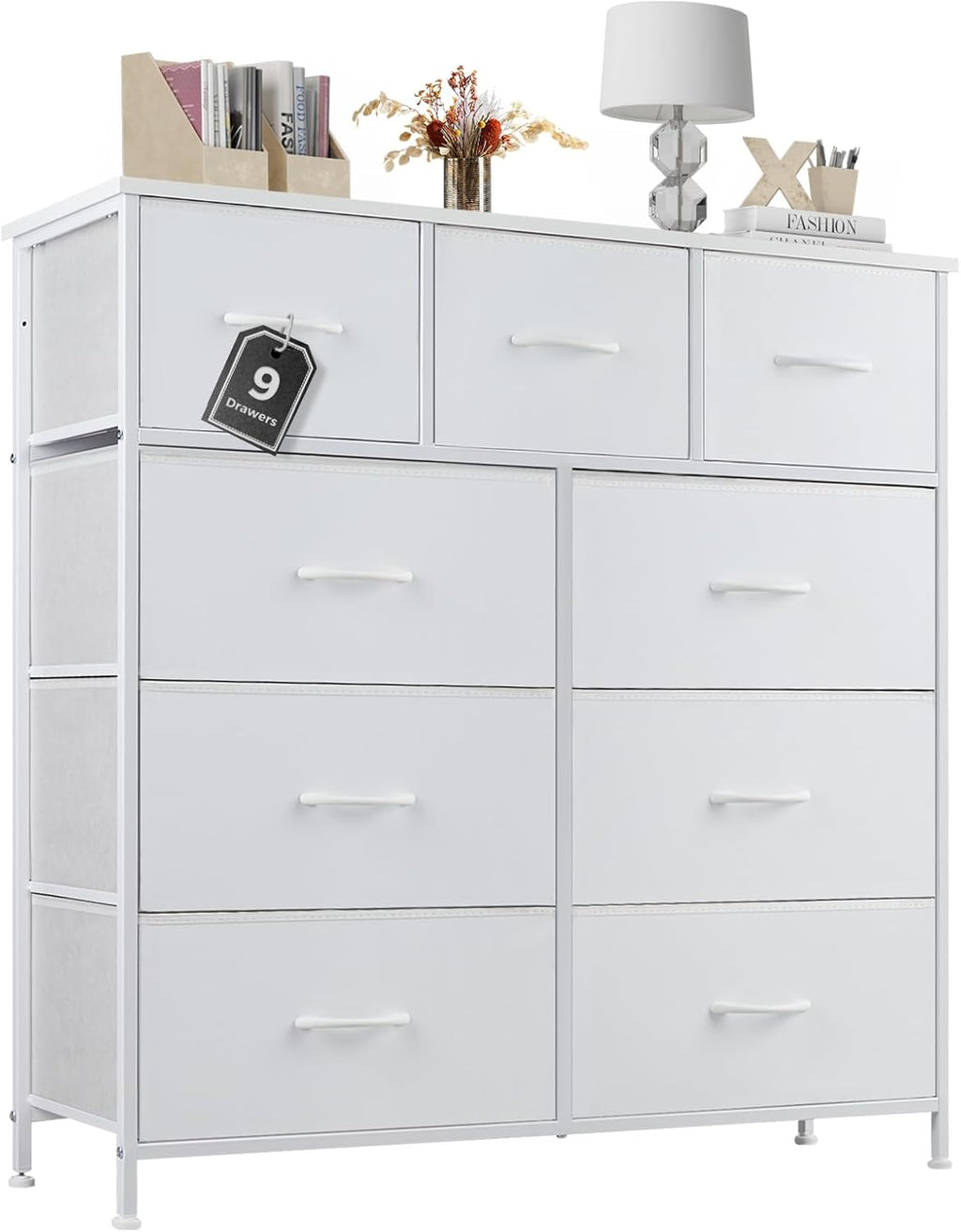 Dresser for Bedroom with 9 Storage Drawers, Large Fabric Storage Tower Organizer, Chest of Drawers with Metal Frame Wooden Top for Closet, Living Room, Entryway, Brown