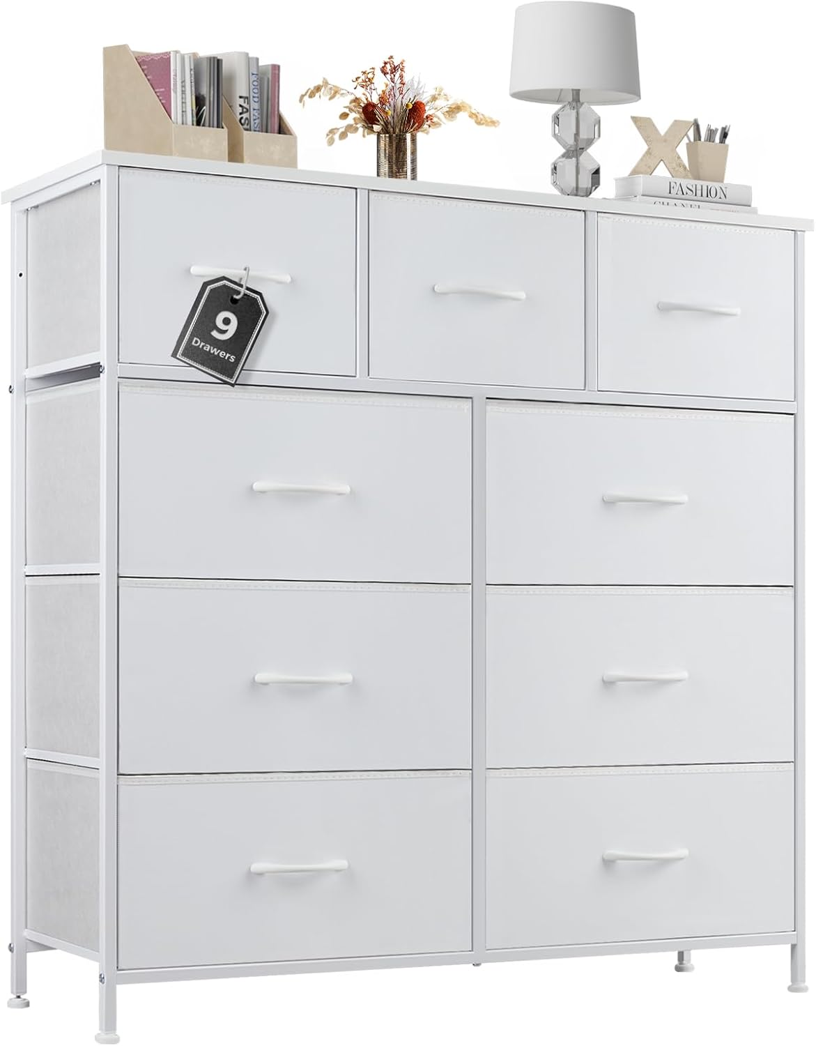 Dresser for Bedroom with 9 Storage Drawers, Large Fabric Storage Tower Organizer, Chest of Drawers with Metal Frame Wooden Top for Closet, Living Room, Entryway, Brown